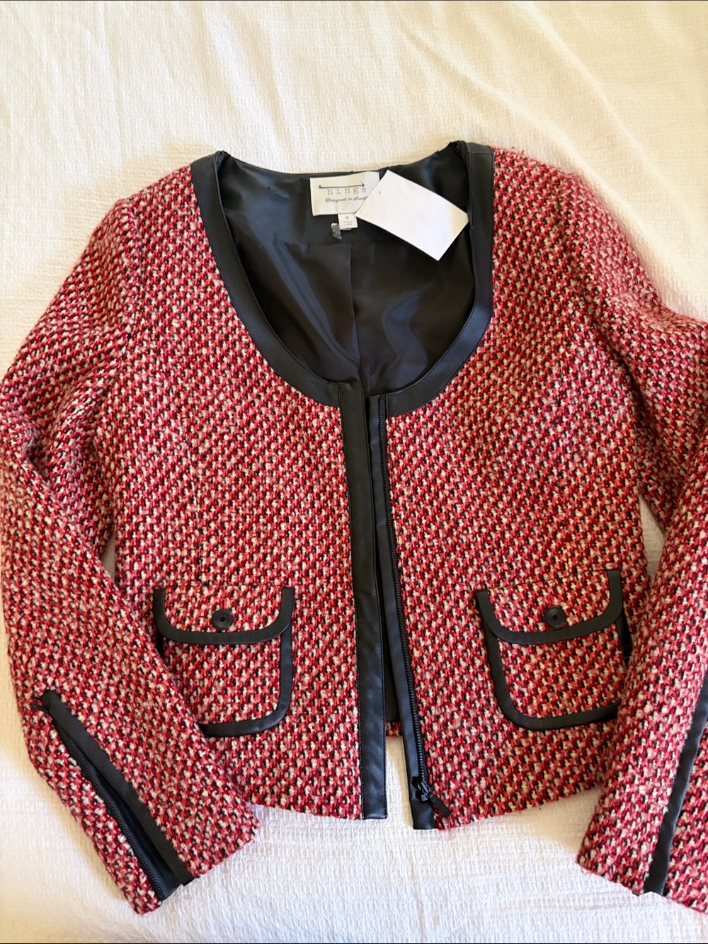 Hinge Red and Black Tweed Zip Jacket with Faux Leather Trim